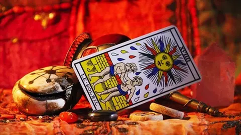 An artistic photo of a Tarot card. Illustrates [alt text].