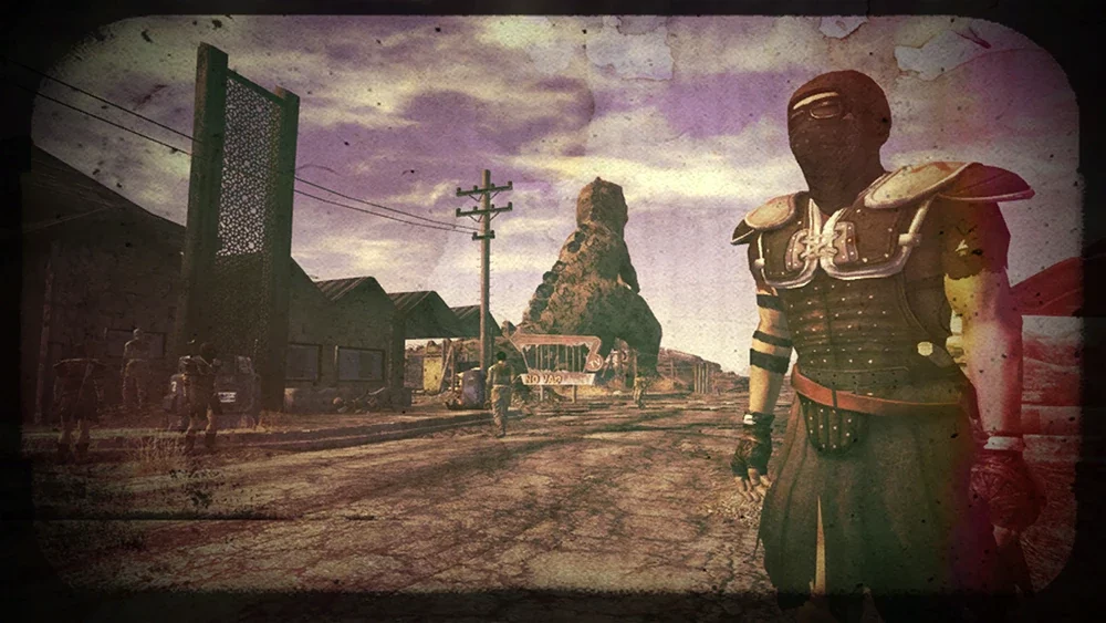 A still image from the ending of Fallout: New Vegas, demonstrating environmental worldbuilding in the video game.
