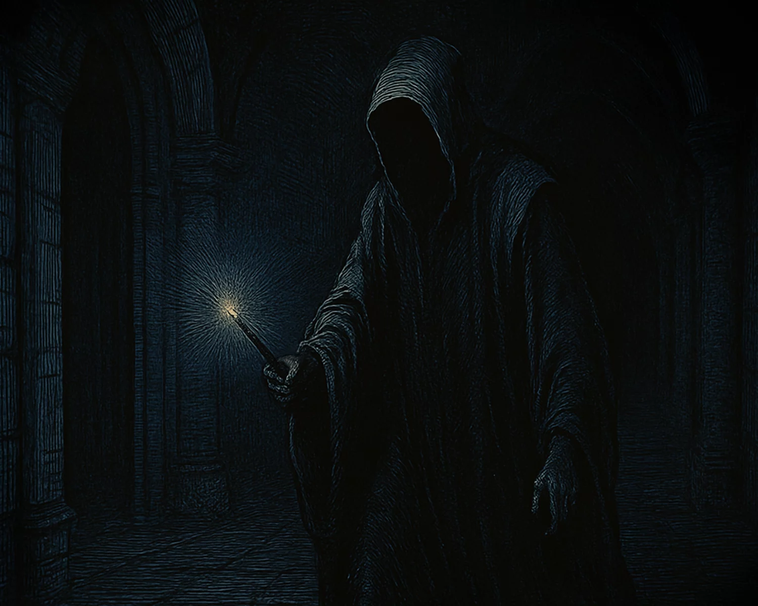 A dark wizard holding a wand.