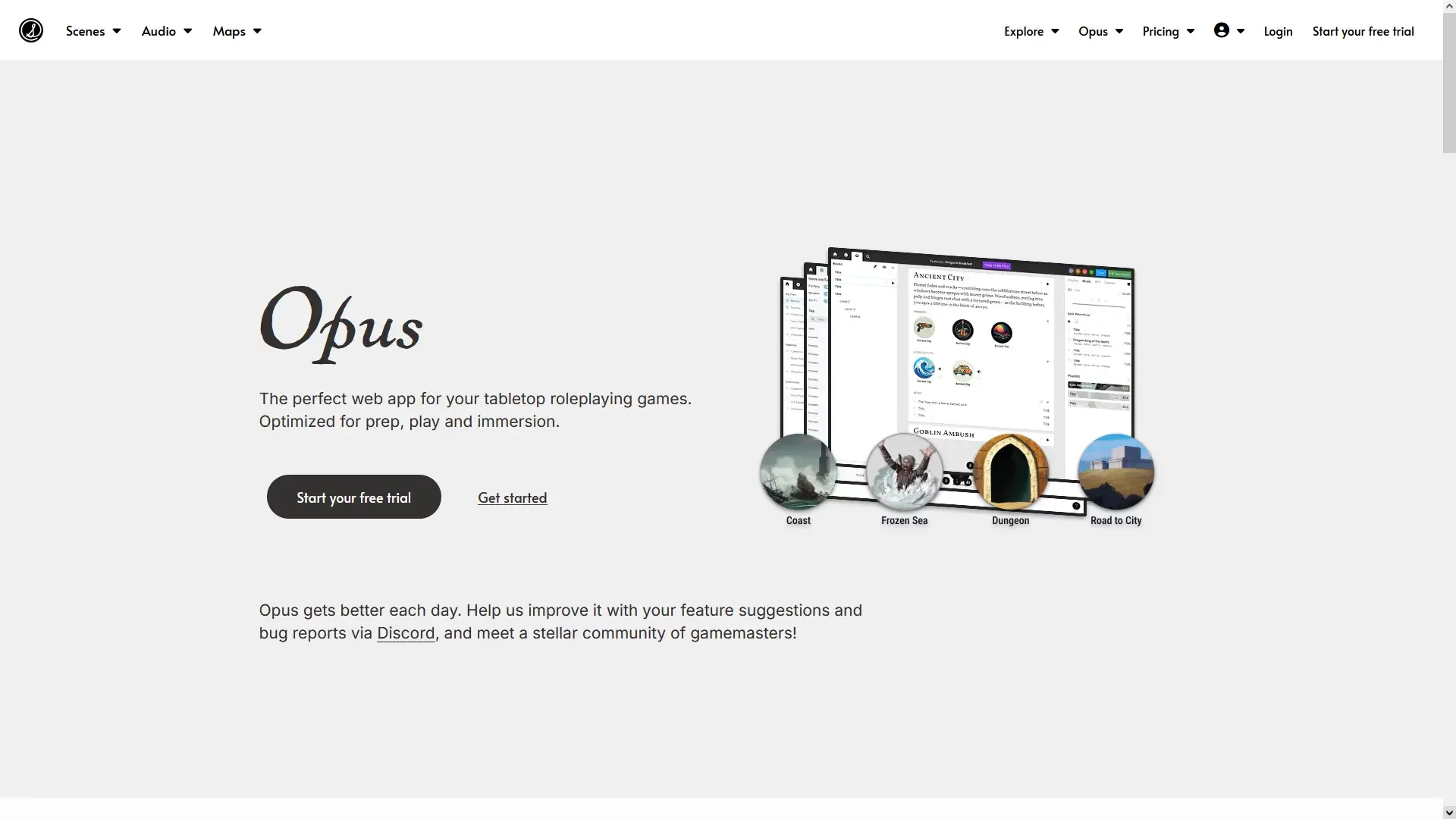 A screenshot of dScryb's Opus homepage. Illustrating Syrinscape vs Opus.