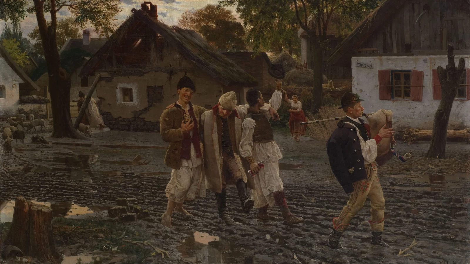 A painting of several cheery young men parading through their village.