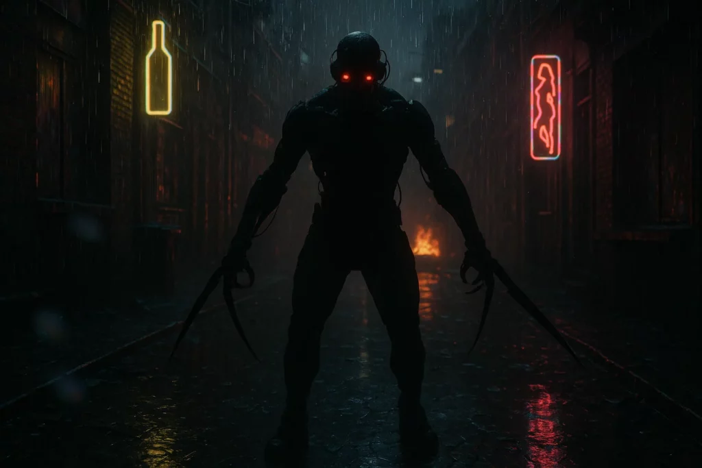 cybperunk-silhouette An ominous cyborg imposes along a dark, rainy alley.