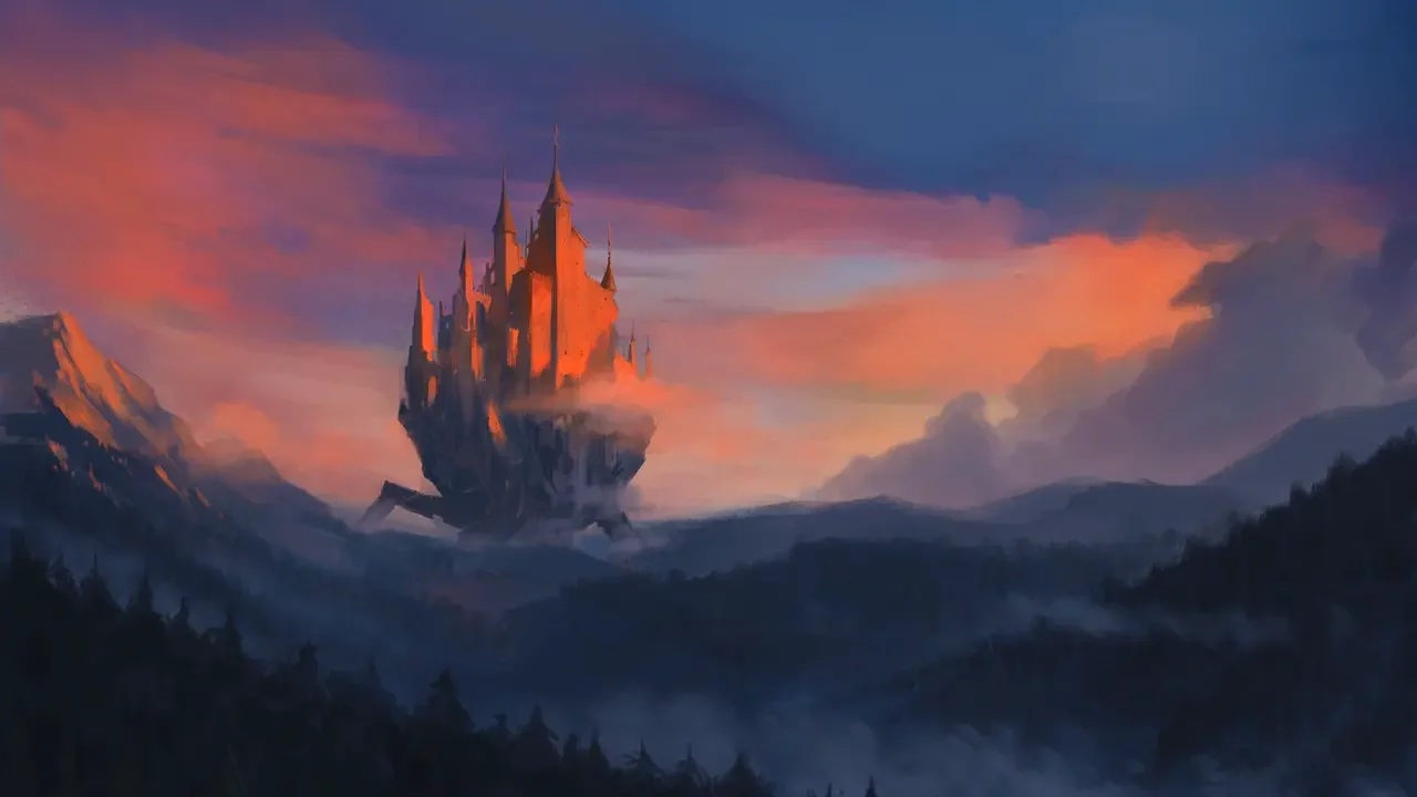 A digital artwork of a walking castle.