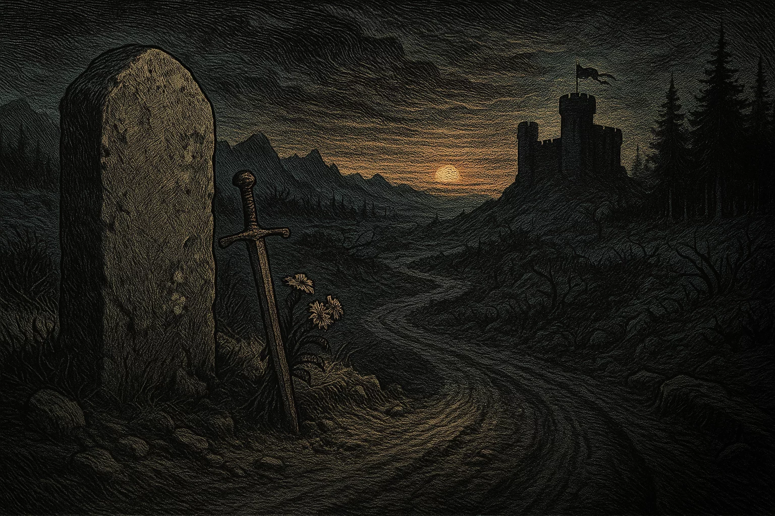 A fieldstone waypoint at twilight, emphasizing subtle storytelling.