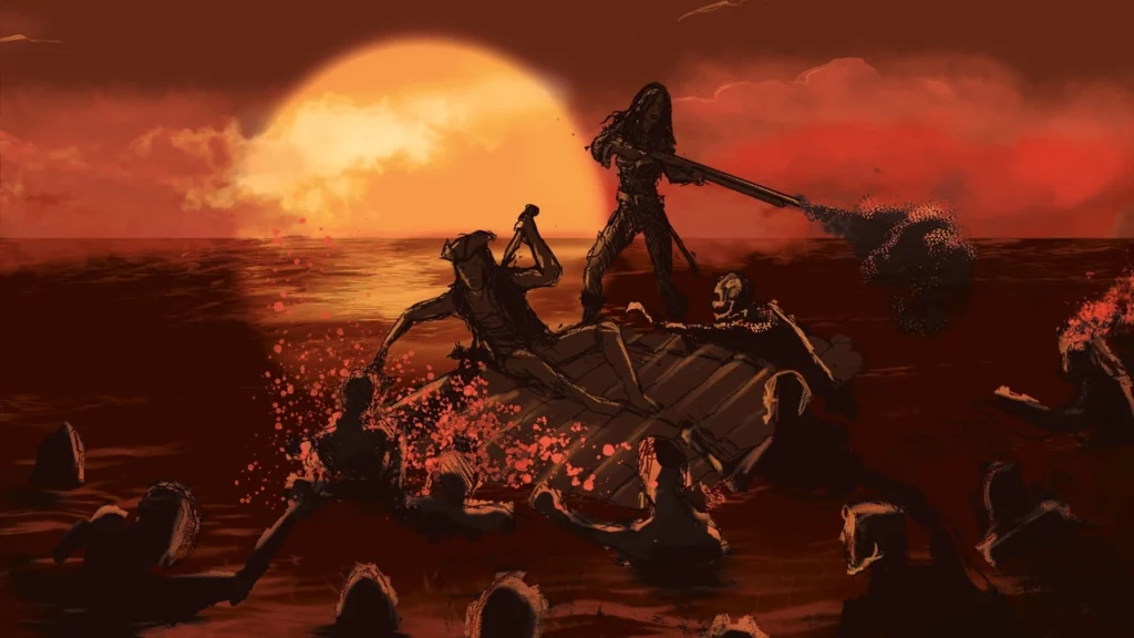 Limithron's Pirate Borg pirates fighting zombies in the water art