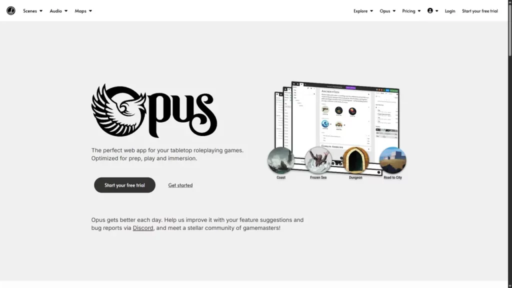 A screenshot of the Opus homepage