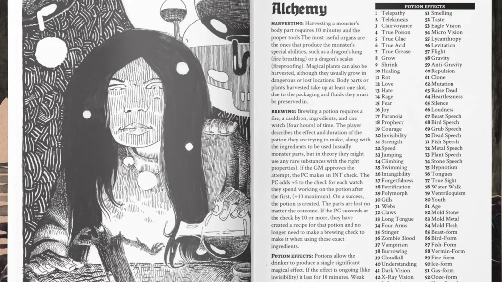An illustration beside a page of rules for a tabletop RPG. The picture is a black and white illustration of a person brewing a potion.