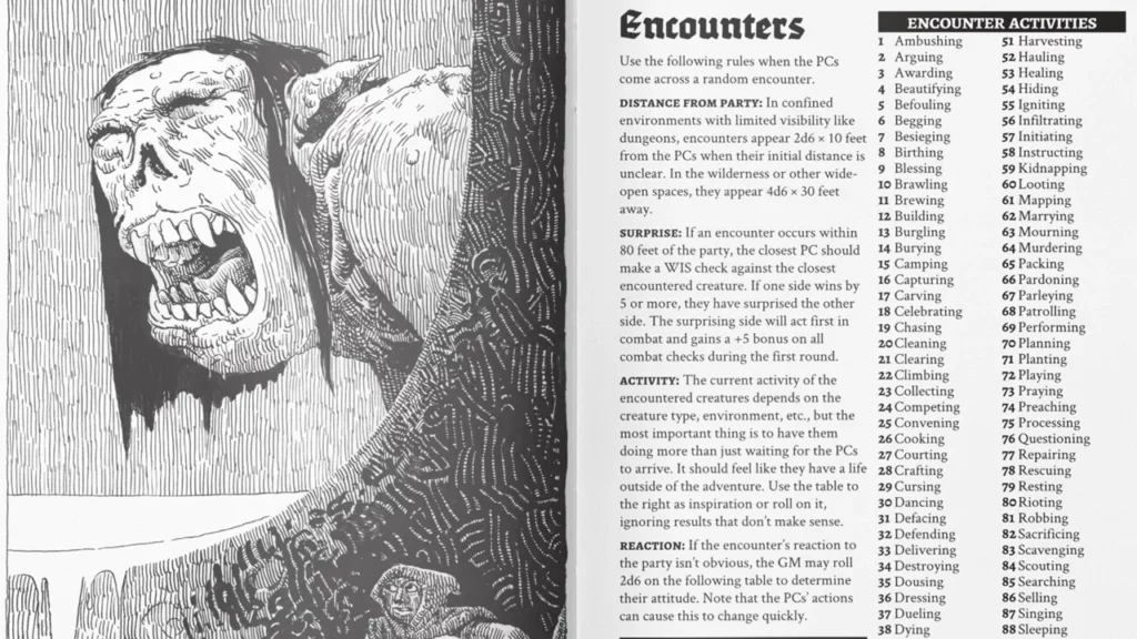 An illustration beside a page of rules for a tabletop RPG. The picture is a black and white illustration of a giant looking for medieval warriors.
