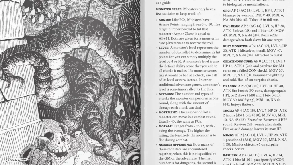 An illustration beside a page of rules for a tabletop RPG. The picture is a black and white illustration of an alien monster looking for medieval warriors.