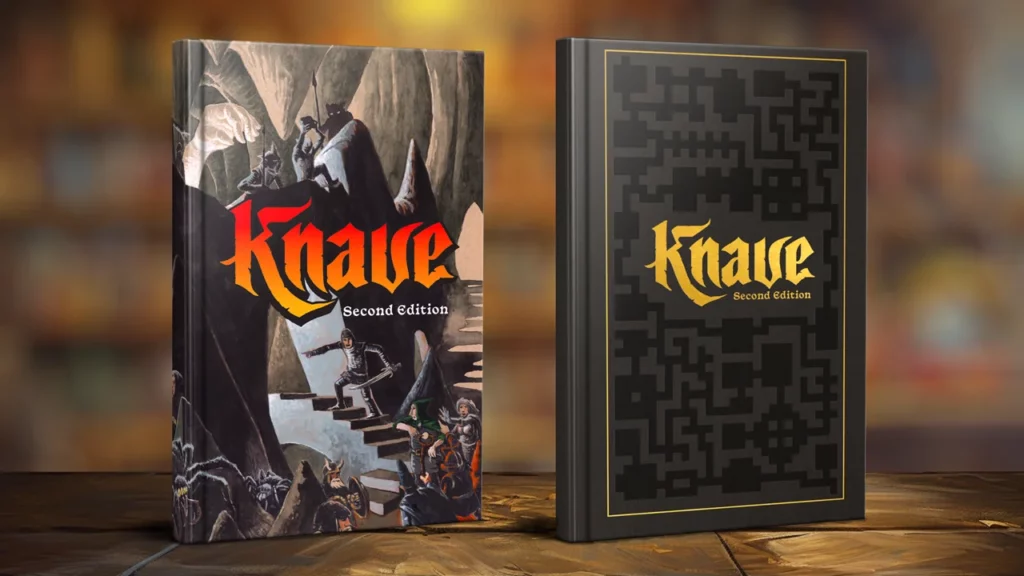 A mockup photo of the TTRPG Knave 2e regular and deluxe rulebooks