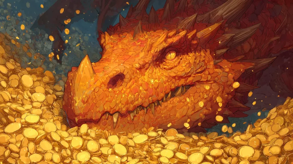 An illustration of a dragon. Themes of why dragons hoard gold.