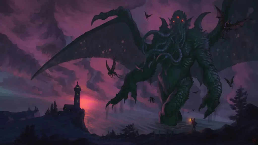 An artwork of Cthulhu standing tall against a comparetively smaller lighthouse in a dark, twilight sky. Themes of Call of Cthulhu.