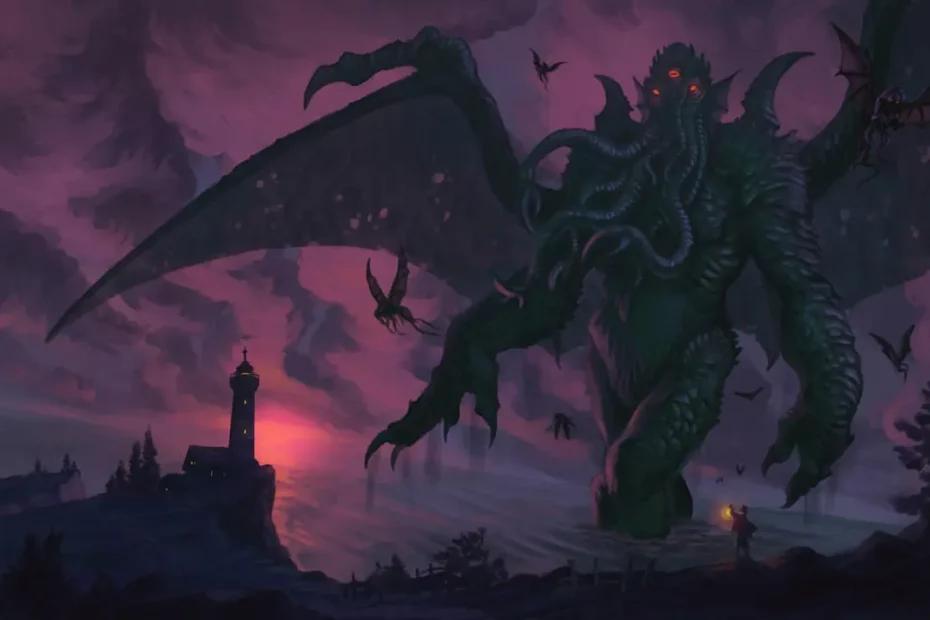 An artwork of Cthulhu standing tall against a comparetively smaller lighthouse in a dark, twilight sky. Themes of Call of Cthulhu.
