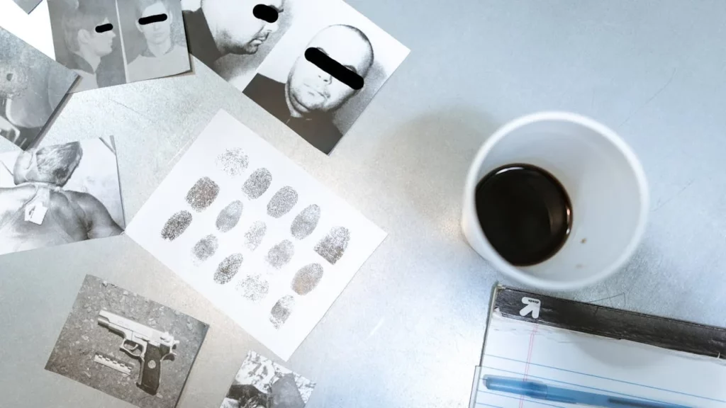 Photo of a police desk with evidence, mugshots, fingerprints, and a cup of coffee on.