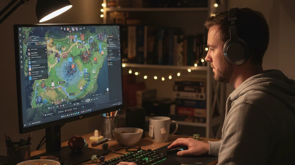 An image of a man playing tabletop role-playing games (TTRPG) in a virtual tabletop (VTT).
