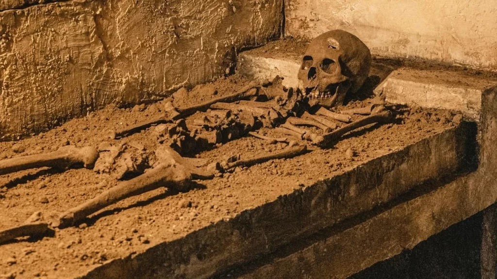 Photo graph of a skeleton remains replica on a stone bed in a prison.