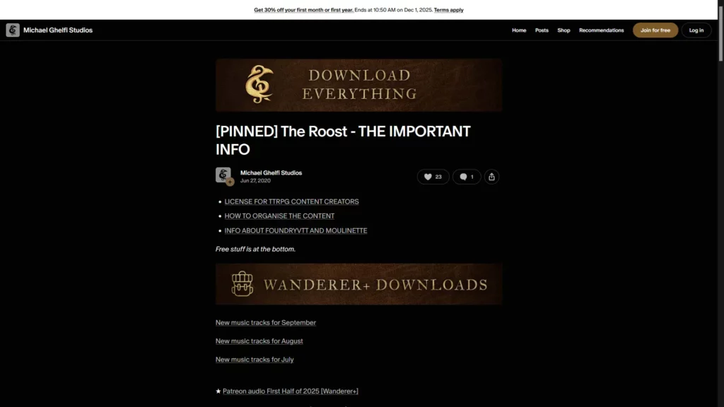 A screenshot of a pinned post showcasing the Patreon content from Michael Ghelfi Studios.