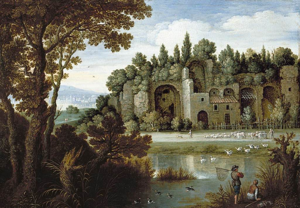 Pastoral landscape of pond and shepherds
