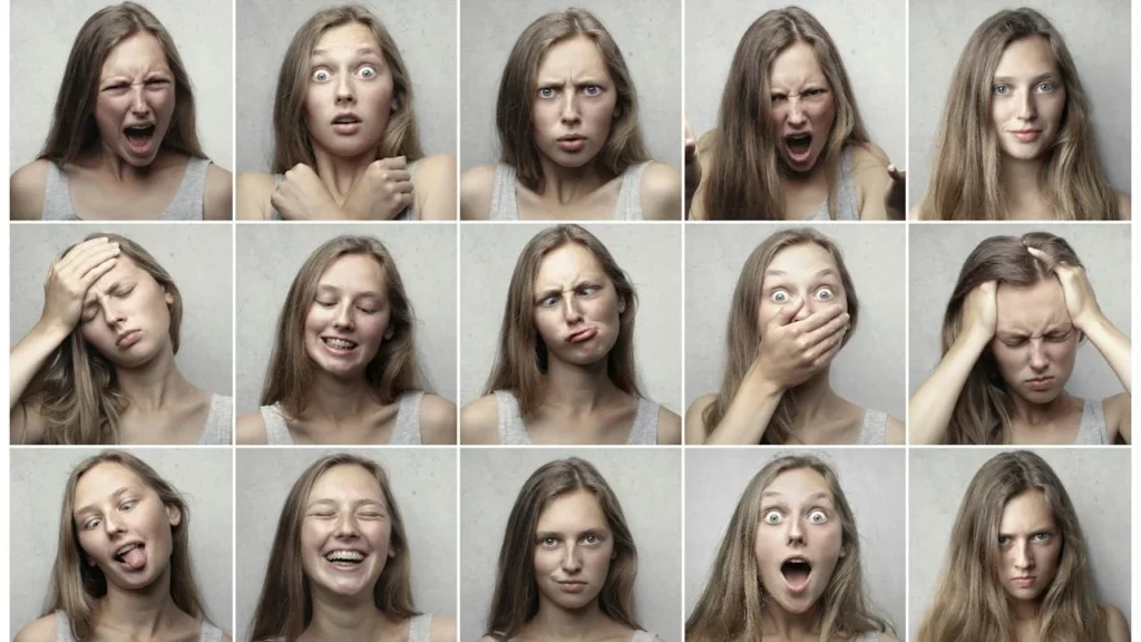 A series of photos of a female model pulling many faces to show different emotions.