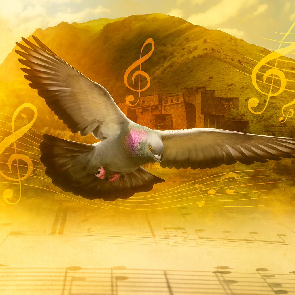 A pigeon flying over a musical landscape