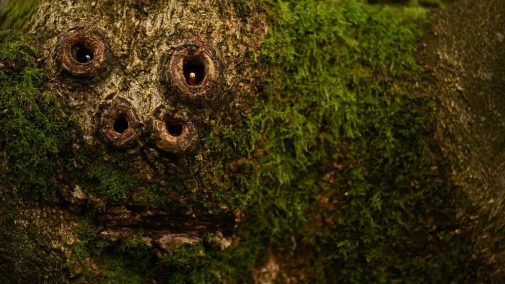 Photo of a tree in a forest with what looks like a face in the bark like a treant forest guardian.