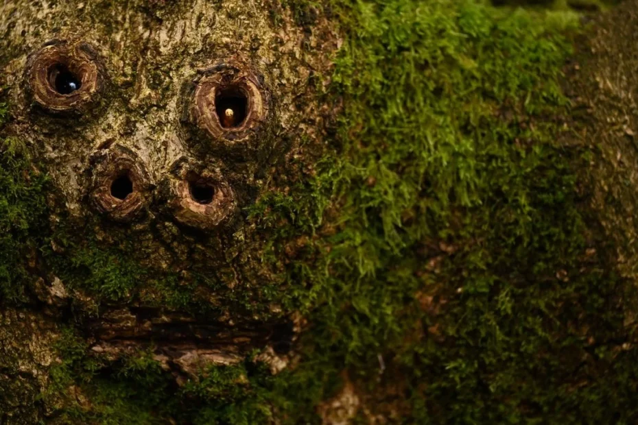 Photo of a tree in a forest with what looks like a face in the bark like a treant forest guardian.