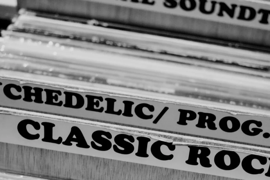 A photo of a box of music LPs separated into different genres in a shop.