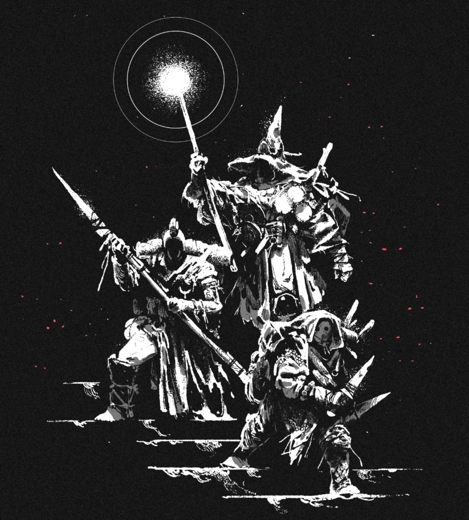 Crows artwork by Joseba Alexander of a party exploring the darkness.