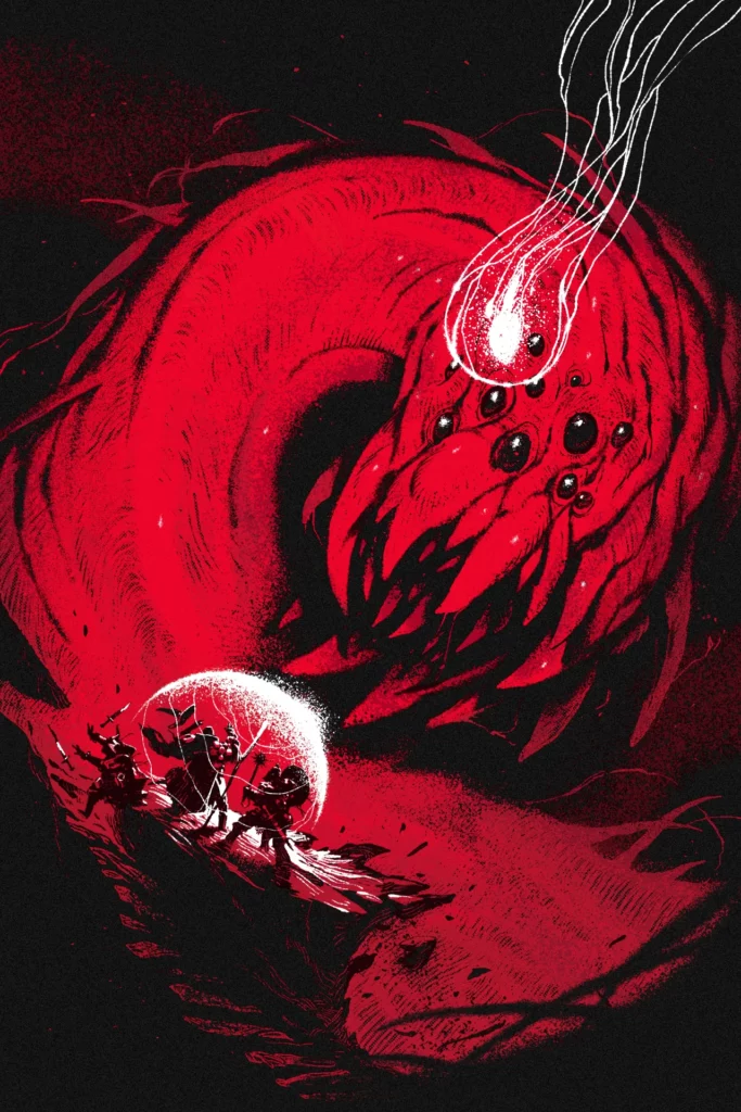 Crows artwork by Joseba Alexander of an eldritch worm monster.