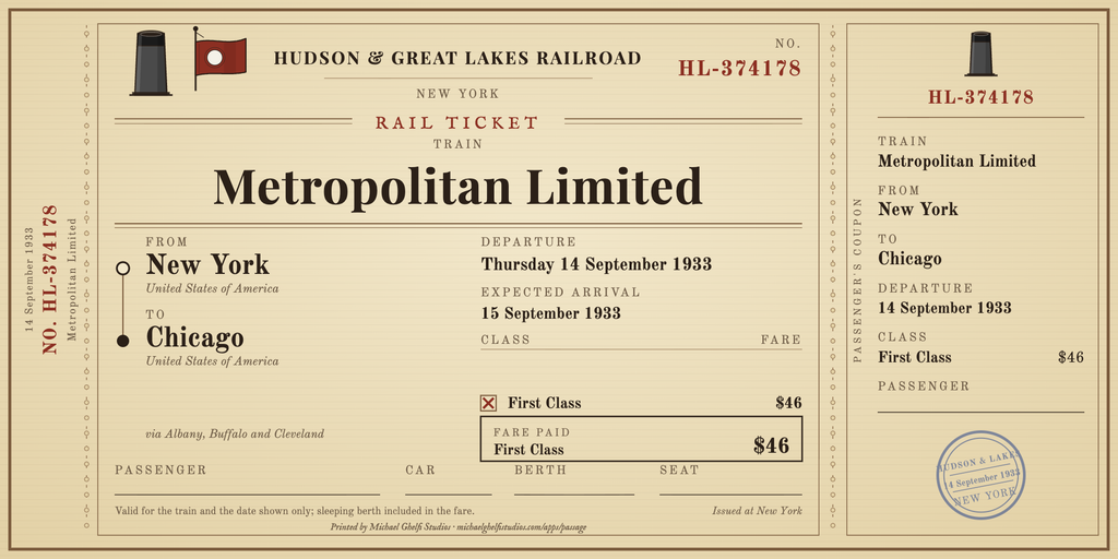 Beautiful ticket for a railroad voyage